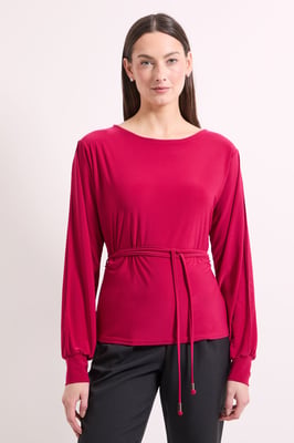 Berry Tie Waist Split Shoulder Jersey Top