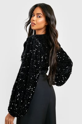 Volume Sleeve Velvet Sequin Bodysuit