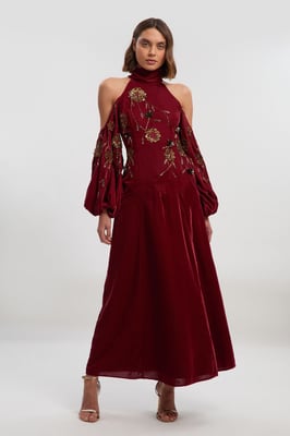 Velvet Cold Shoulder 3D Floral Applique Woven Maxi Dress