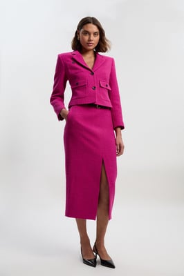 Textured Tweed Tailored Belted Pencil Skirt