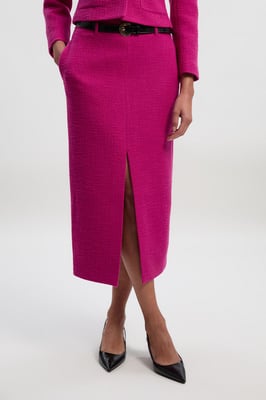 Textured Tweed Tailored Belted Pencil Skirt