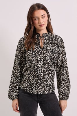 Mono Animal Tie Neck Detail Blouson Sleeve Jersey Top