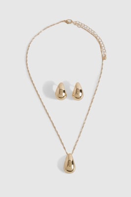 Gold Chunky Tear Drop Necklace & Earring Set