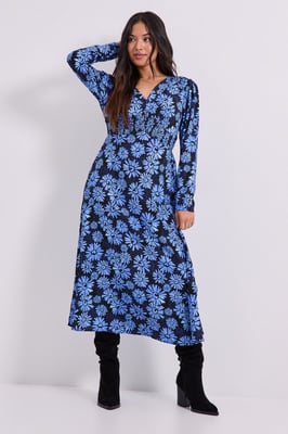 Petite Blue Daisy Shirred Waist Button Detail Midi Dress