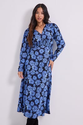 Petite Blue Daisy Shirred Waist Button Detail Midi Dress