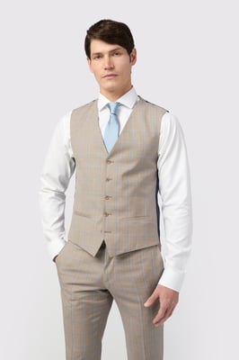 Slim Fit Italian Oatmeal Blue Check Waistcoat