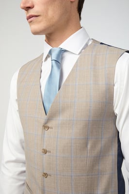 Slim Fit Italian Oatmeal Blue Check Waistcoat