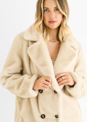 Beige Faux Fur Double Breasted Longline Jacket