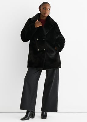 Black Faux Fur Double Breasted Longline Jacket