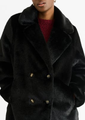 Black Faux Fur Double Breasted Longline Jacket