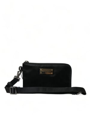 Svart Nylon Logoplåt Nyckelring Pouch Clutch Väska