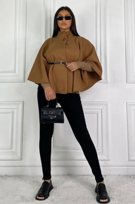 Belted High Neck Cape Coat