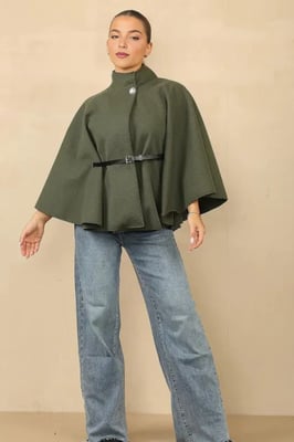 Belted High Neck Cape Coat