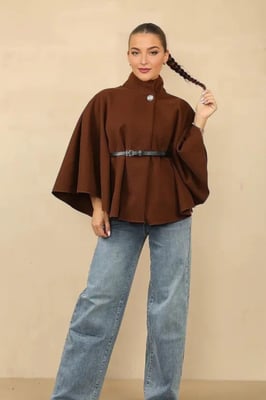 Belted High Neck Cape Coat