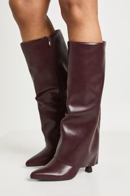 Fold Over Knee High Mid Stiletto Heeled Boots