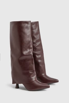 Fold Over Knee High Mid Stiletto Heeled Boots