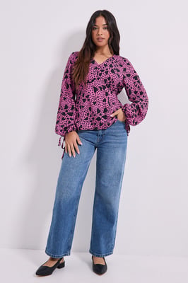 Petite Button Tie Detail Printed Top