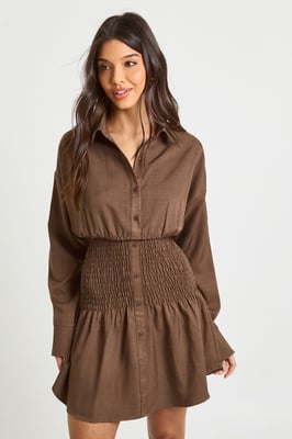 Textured Shirred Waist Shirt Dress