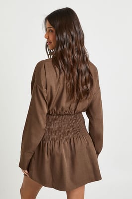 Textured Shirred Waist Shirt Dress