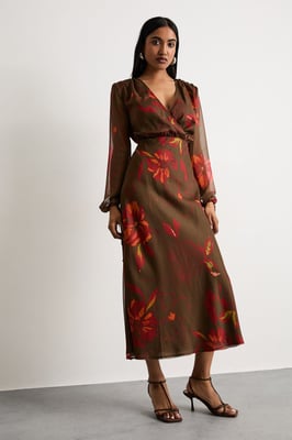 Printed Shoulder Pad V Neck Tie Detail Midi Dress
