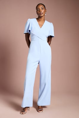 V Neck Short Sleeve Wrap Waist Jumpsuit