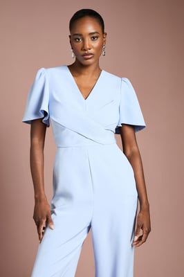 V Neck Short Sleeve Wrap Waist Jumpsuit