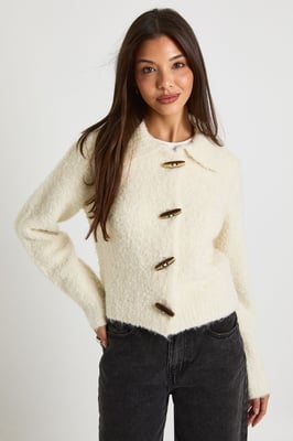 Chunky Boucle Knit Toggle Button Collar Detail Knitted Jumper