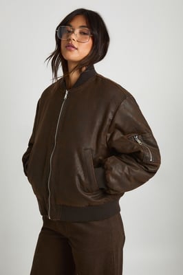 Vintage Look Faux Leather Oversized Bomber Jacket