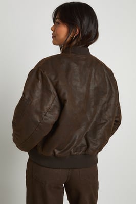 Vintage Look Faux Leather Oversized Bomber Jacket