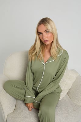 Jersey Piping Detail Long Sleeve Shirt & Trouser Pyjama Set