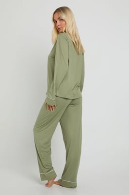 Jersey Piping Detail Long Sleeve Shirt & Trouser Pyjama Set