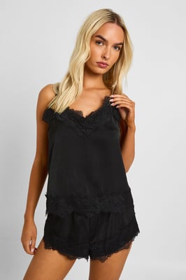 Eyelash Lace Trim Satin Cami & Shorts Pyjama Set