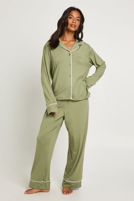 Petite Piping Detail Long Sleeve Shirt & Trouser Pyjama Set