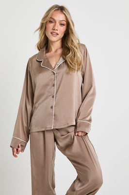 Petite Satin Piping Detail Long Sleeve Shirt & Trousers Pyjama Set