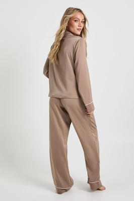 Petite Satin Piping Detail Long Sleeve Shirt & Trousers Pyjama Set