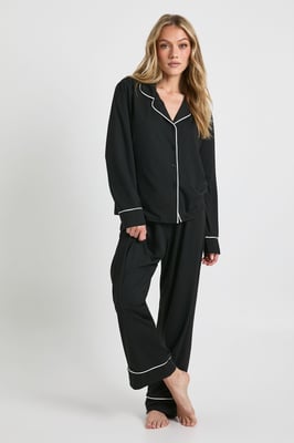 Petite Jersey Piping Detail Long Sleeve Shirt & Trousers Pyjama Set