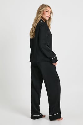 Petite Satin Piping Detail Long Sleeve Shirt & Trousers Pyjama Set