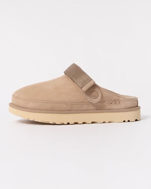Womens Suede Clogs with Strap in Beige