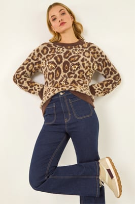 Embellished Animal Print Knit Jumper