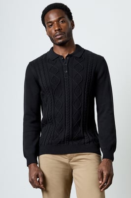 Black Cotton Nylon Blend Cable Knit Long Sleeve Polo Jumper