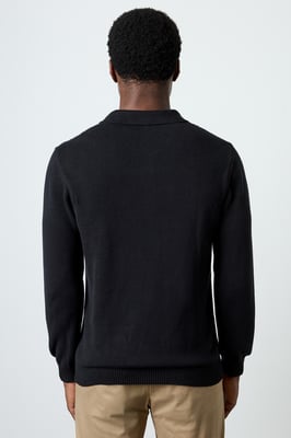 Black Cotton Nylon Blend Cable Knit Long Sleeve Polo Jumper
