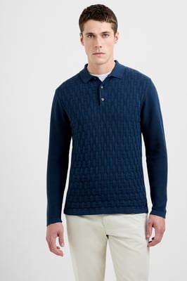 Dark Blue Cotton Long Sleeve Box Knit Button Collar Polo Shirt