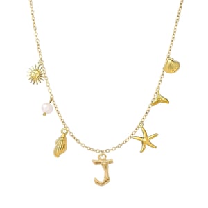 Gold Plated Sea and Initial Life Statement Charm Necklace - J