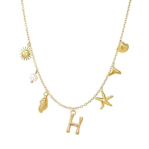 Gold Plated Sea and Initial Life Statement Charm Necklace - H