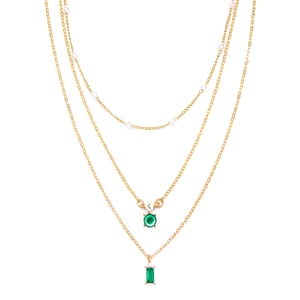 Gold Plated Triple Layered Pearl And Emerald Necklace