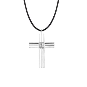 Stainless Steel Grooved Cross Pendant With CZ Centre - 20 Inches Leather Cord