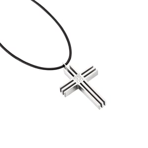 Stainless Steel Grooved Cross Pendant With CZ Centre - 20 Inches Leather Cord
