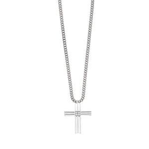 Stainless Steel Grooved Cross Pendant With CZ Centre - 20 Inches Steel