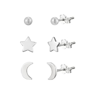 Set of 3 Sterling Silver Star, Moon And Ball Stud Earrings