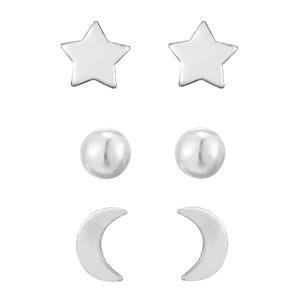 Set of 3 Sterling Silver Star, Moon And Ball Stud Earrings